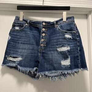 Kancan Los Angeles Denim Shorts Sz 29 Button Fly High Rise Raw Hem Edgy Festival